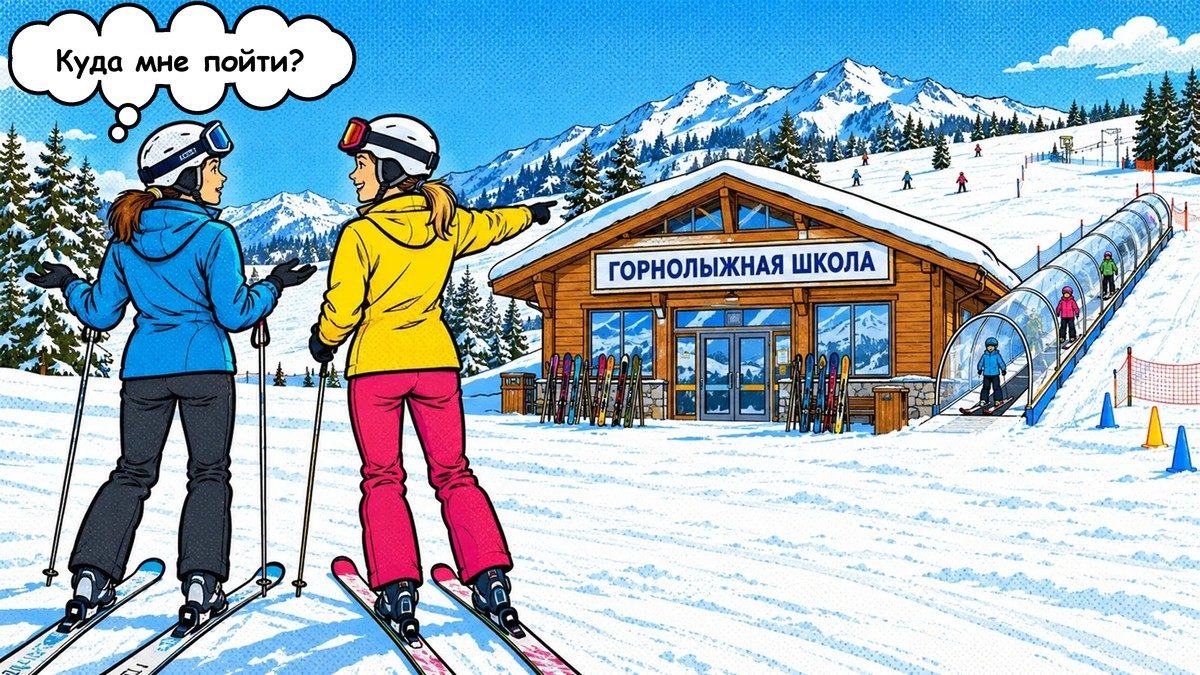 Две девушки на лыжах: одна спрашивает «Куда мне пойти?», другая показывает на горнолыжную школу у учебной трассы с детским подъёмником
