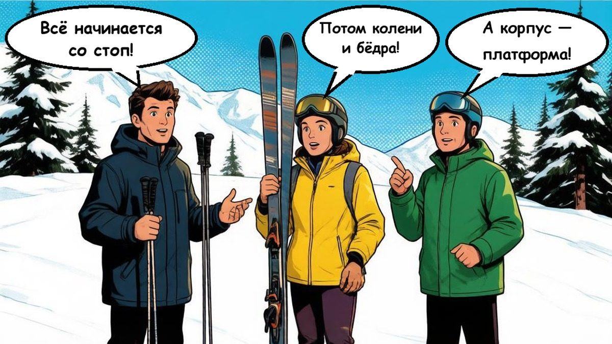 Три тренера на склоне обсуждают технику: один держит лыжные палки, другая — лыжи вертикально