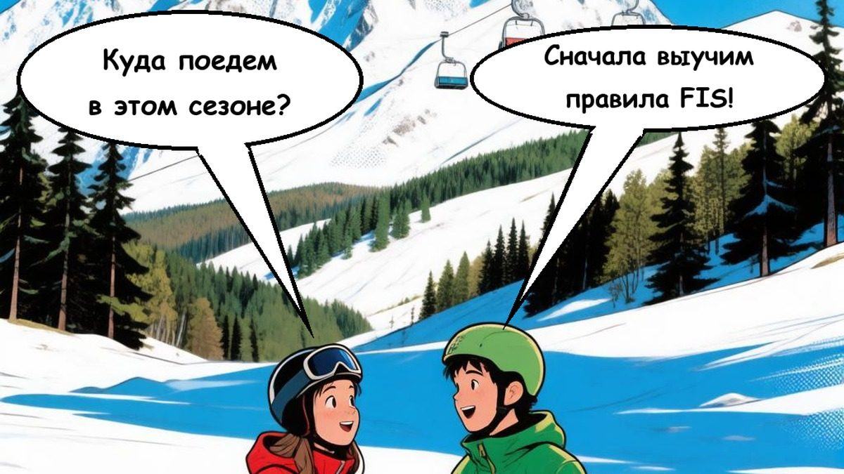 Девушка и парень в шлемах на фоне вершин Кавказа и кресельного подъёмника Архыза